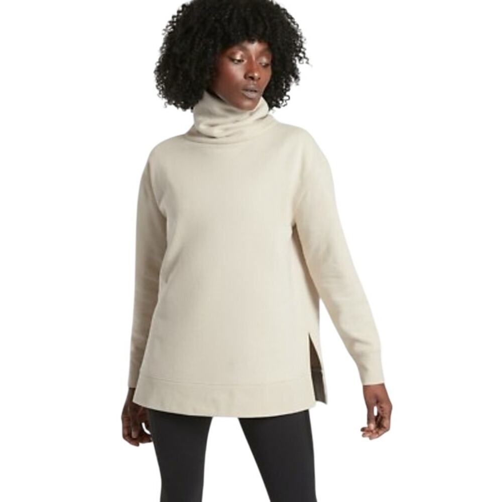 Athleta 24/7 Funnel Neck Sweatshirt Medium Cream Ribbed Side Slit Pullover Yoga